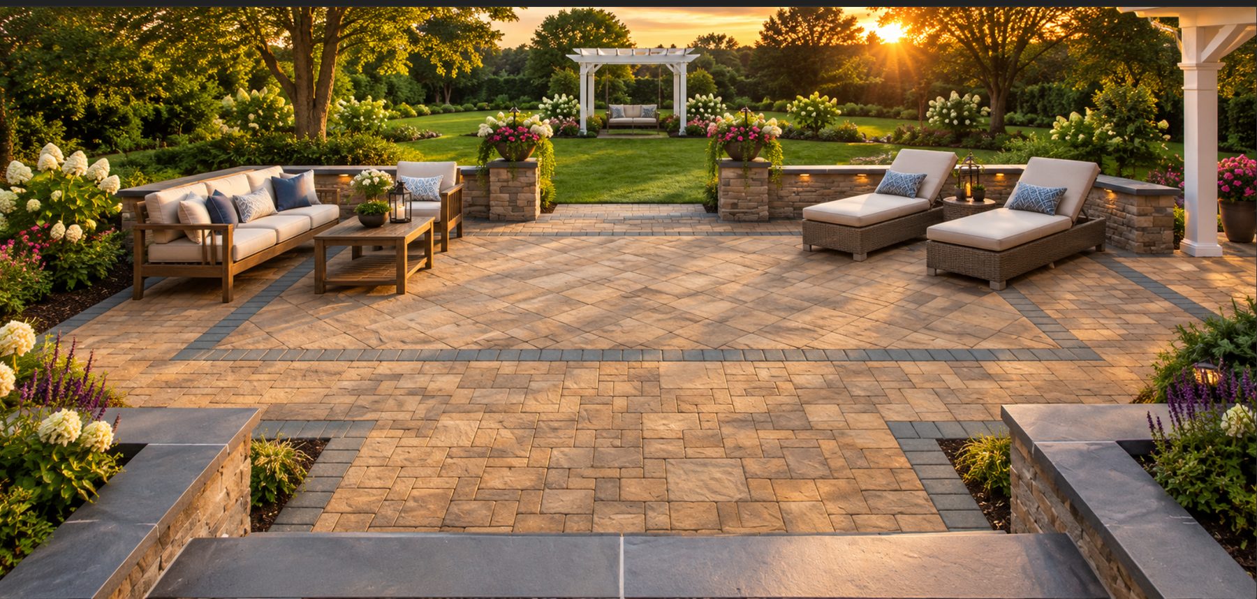Paver patio with outdoor seating at sunset