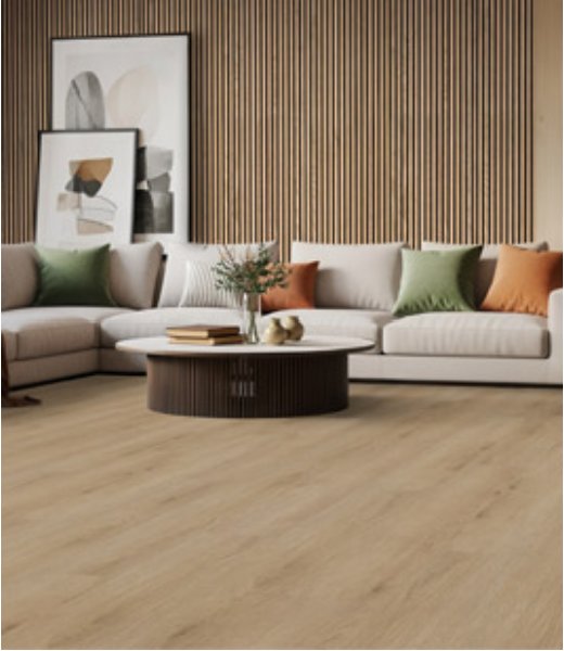Light natural oak-look MSI vinyl plank flooring in a modern living room