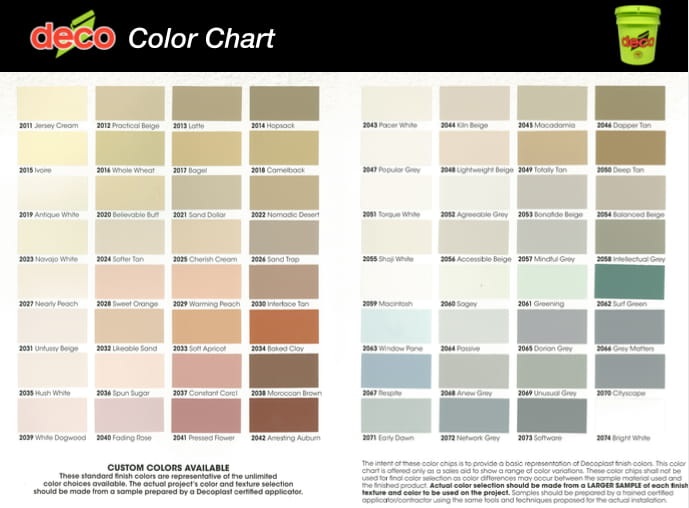 Deco stucco finish color chart with 64 standard colors