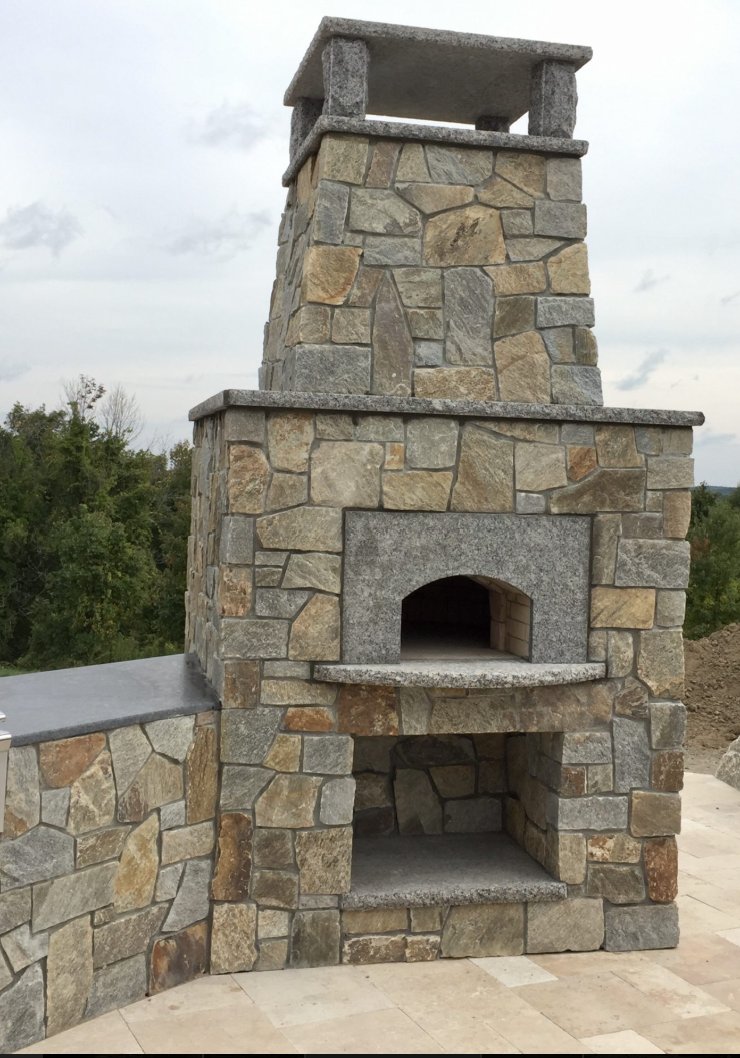 Outdoor pizza oven and chimney built with R Stone natural thinstone