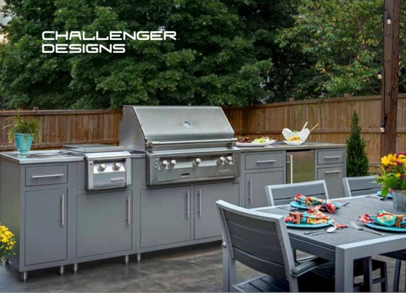 Challenger Designs aluminum outdoor kitchen cabinets with built-in grill on a patio