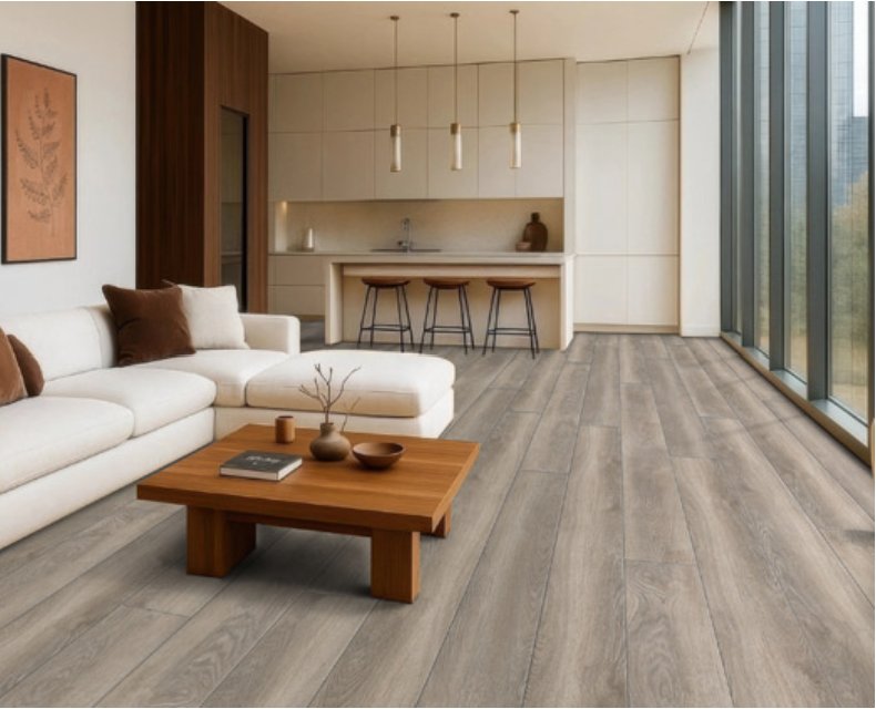 Gray wood-look MSI vinyl plank flooring in an open living room and kitchen