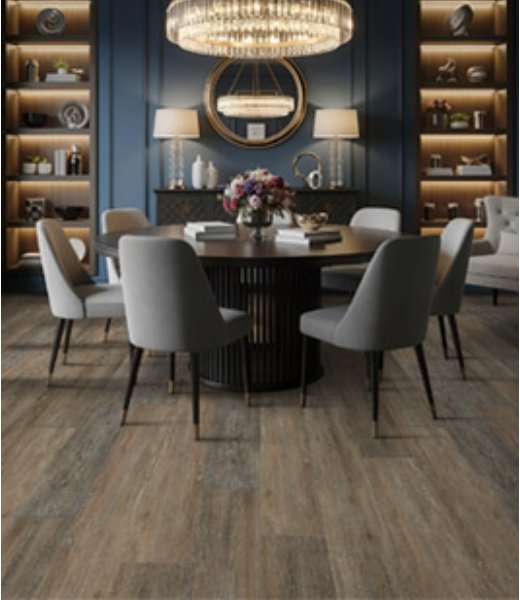 Rustic wood-look MSI vinyl plank flooring in a formal dining room